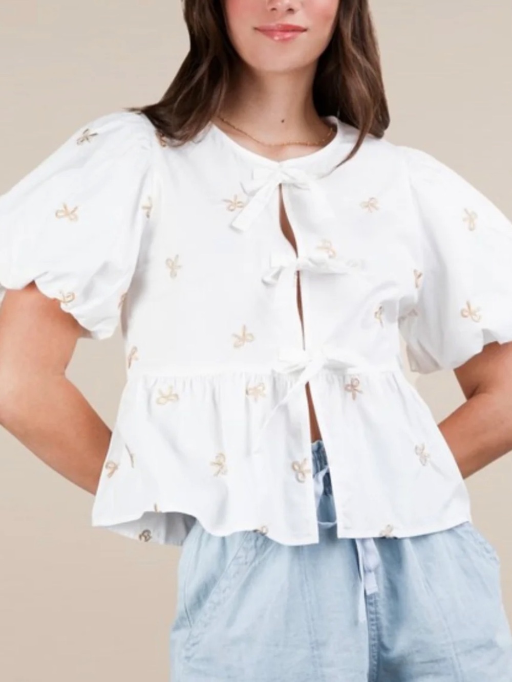 BOUTIQUE Puff-Sleeve Dainty Bow Detail Peplum Top